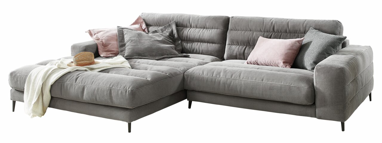 Dieter Knoll Longchairkombination BADIA Graue Longchairkombination mit mehreren Kissen in verschiedenen Farben, aus der Perspektive von vorne links fotografiert.