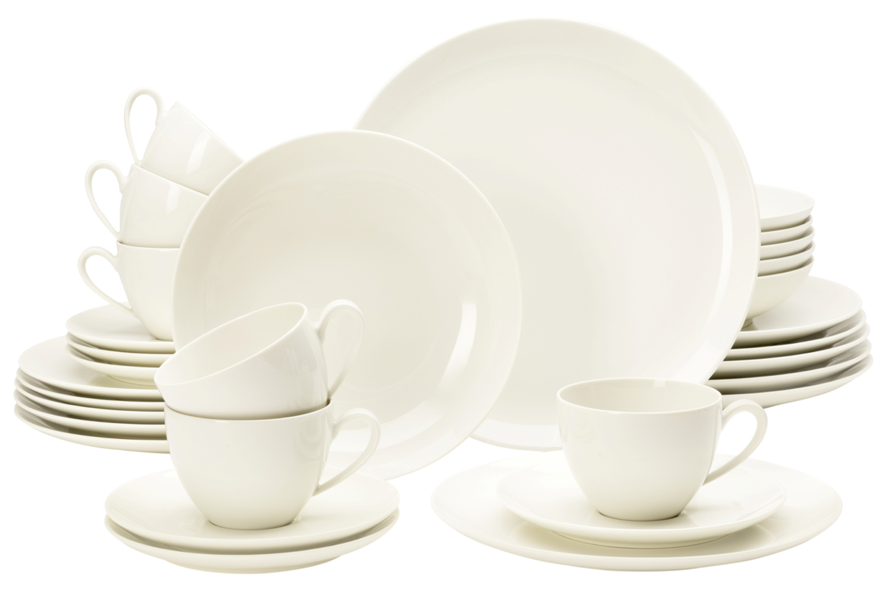 Weißes Kombiservice 30-teilig, bestehend aus Tellern, Tassen und Untertassen, in einer frontalen Ansicht.