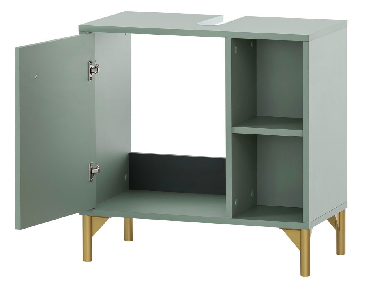 Waschbeckenunterschrank in modernem Design mit geöffneter Tür, grüner Farbe und goldenen Beinen, Frontalansicht.