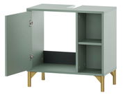 Waschbeckenunterschrank in modernem Design mit geöffneter Tür, grüner Farbe und goldenen Beinen, Frontalansicht.
