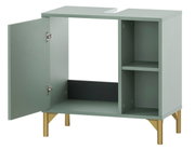 Waschbeckenunterschrank in modernem Design mit geöffneter Tür, grüner Farbe und goldenen Beinen, Frontalansicht.