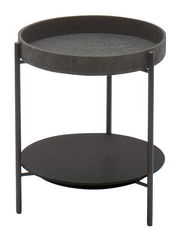 Moderner runder Beistelltisch mit zwei Ebenen aus Metall, seitliche Perspektive