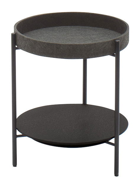 Moderner runder Beistelltisch mit zwei Ebenen aus Metall, seitliche Perspektive