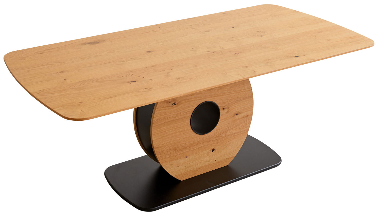 Moderner Esstisch aus Holz mit ovaler Tischplatte und einzigartigem, rundem Sockel, seitliche Perspektive