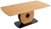 Moderner Esstisch aus Holz mit ovaler Tischplatte und einzigartigem, rundem Sockel, seitliche Perspektive