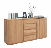 Holz-Sideboard mit drei Schubladen und zwei Türen, dekoriert mit Büchern, einer Vase und einem Bilderrahmen, seitliche Perspektive