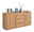 Holz-Sideboard mit drei Schubladen und zwei Türen, dekoriert mit Büchern, einer Vase und einem Bilderrahmen, seitliche Perspektive
