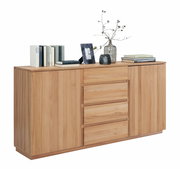 Holz-Sideboard mit drei Schubladen und zwei Türen, dekoriert mit Büchern, einer Vase und einem Bilderrahmen, seitliche Perspektive