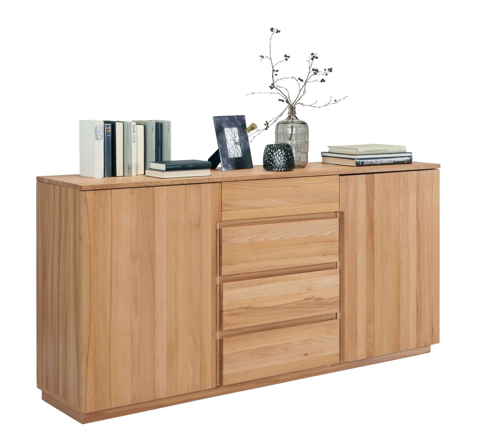 Holz-Sideboard mit drei Schubladen und zwei Türen, dekoriert mit Büchern, einer Vase und einem Bilderrahmen, seitliche Perspektive