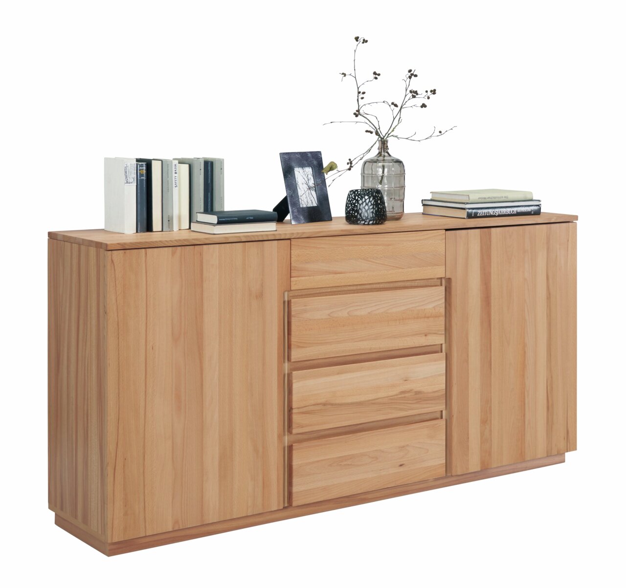 Holz-Sideboard mit drei Schubladen und zwei Türen, dekoriert mit Büchern, einer Vase und einem Bilderrahmen, seitliche Perspektive