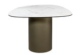 Moderner Beistelltisch mit runder, marmorierter Tischplatte und zylindrischem, olivgrünem Sockel, seitliche Perspektive.