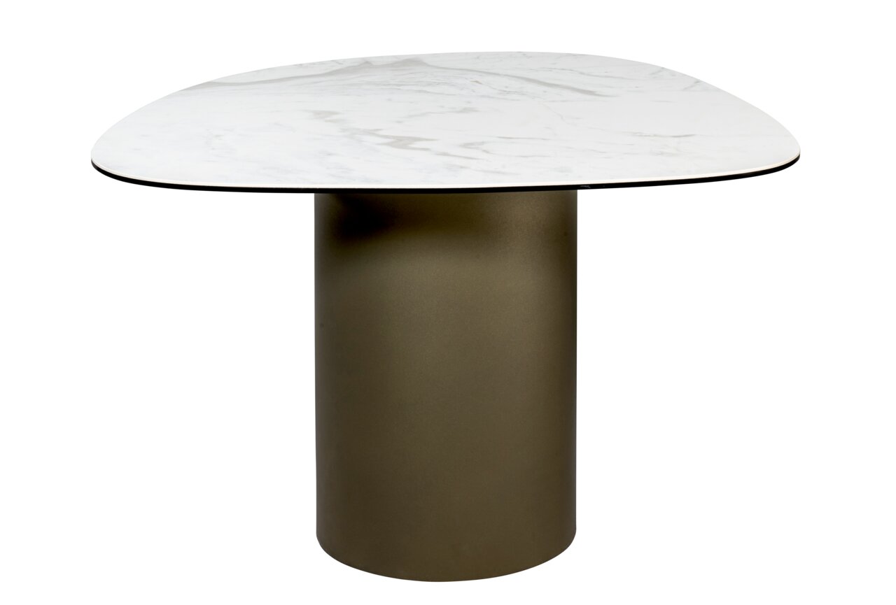 Dieter Knoll Beistelltisch SORRENTO 2 Moderner Beistelltisch mit runder, marmorierter Tischplatte und zylindrischem, olivgrünem Sockel, seitliche Perspektive.