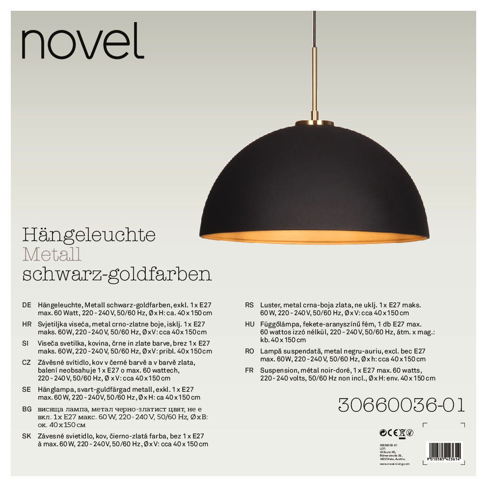 Hängeleuchte aus Metall in Schwarz-Gold, seitliche Perspektive