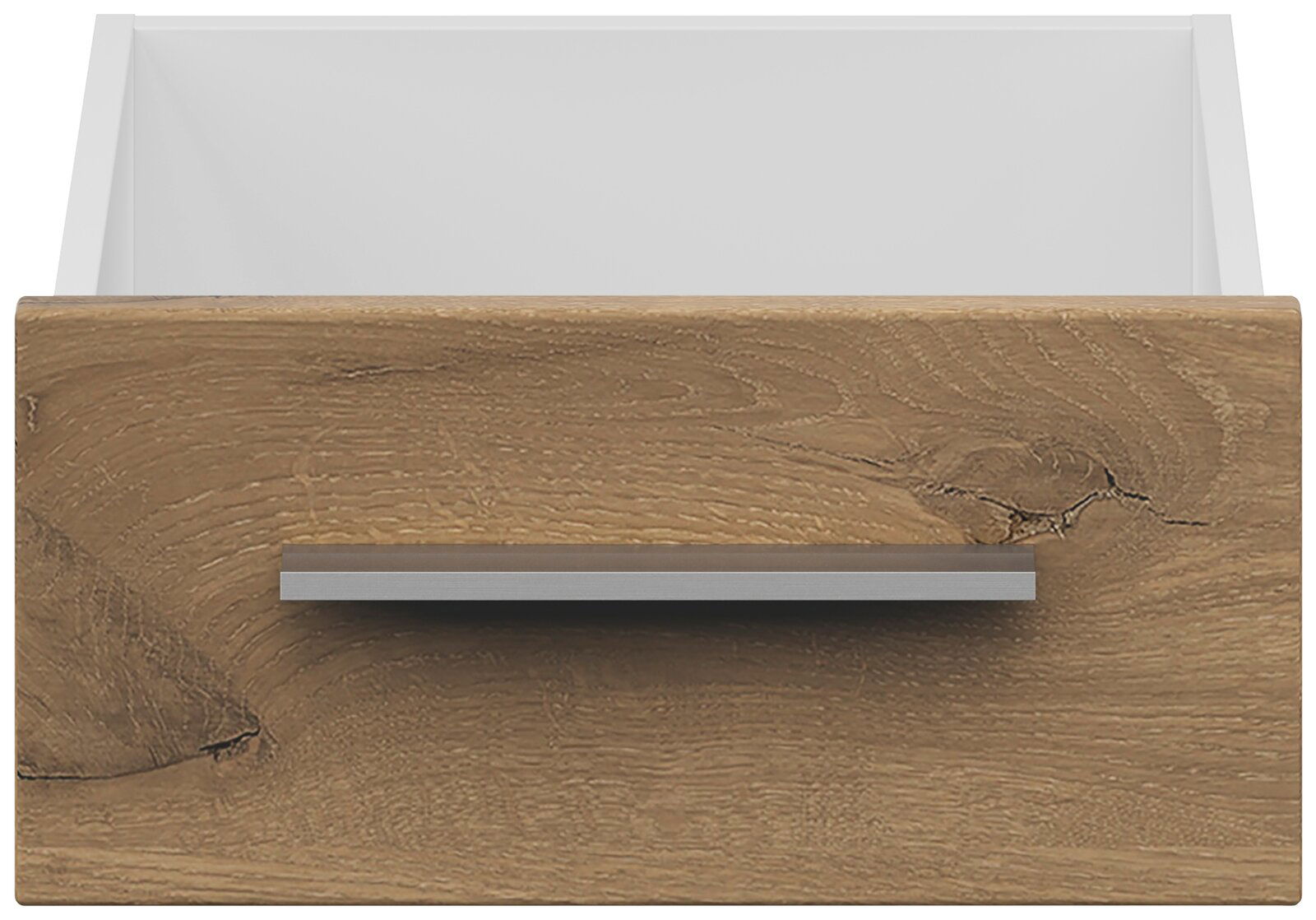 Frontansicht einer Schublade mit Holzoptik und silbernem Griff