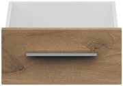 Frontansicht einer Schublade mit Holzoptik und silbernem Griff