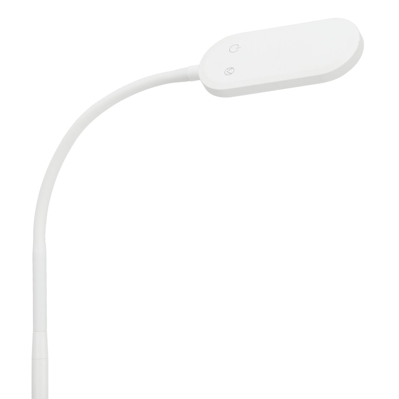 Witte CCT-led-staande lamp, close-up van de lampkop met gebogen hals