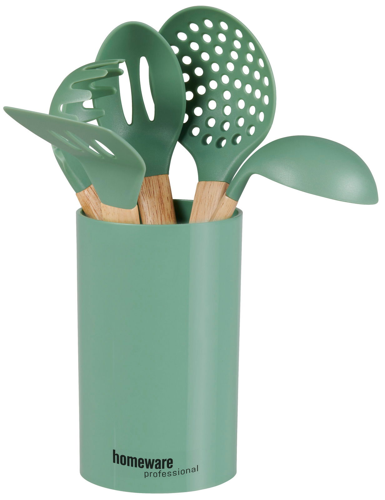 Homeware Küchenhelfer 6-tlg. Grünes Küchenhelferset in einem passenden Behälter, bestehend aus verschiedenen Utensilien mit Holzgriffen, aus der Frontalperspektive.