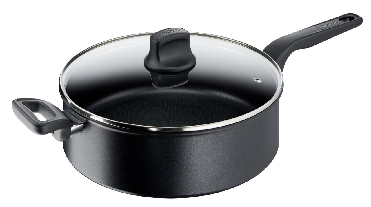 Schwarze Schmorpfanne Titanium 28 cm mit Glasdeckel, seitliche Perspektive, antihaftbeschichtet, hergestellt in Frankreich.