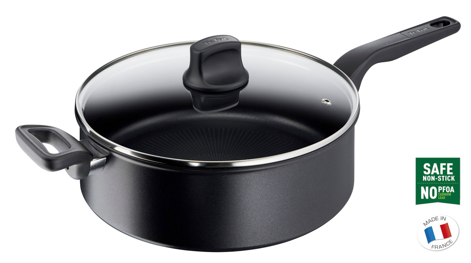 Schwarze Schmorpfanne Titanium 28 cm mit Glasdeckel, seitliche Perspektive, antihaftbeschichtet, hergestellt in Frankreich.