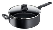 Schwarze Schmorpfanne Titanium 28 cm mit Glasdeckel, seitliche Perspektive, antihaftbeschichtet, hergestellt in Frankreich.