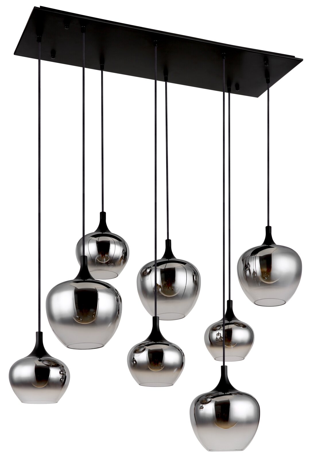 Moderne hanglamp met acht verchroomde glazen bollen, gezien van onderaf.