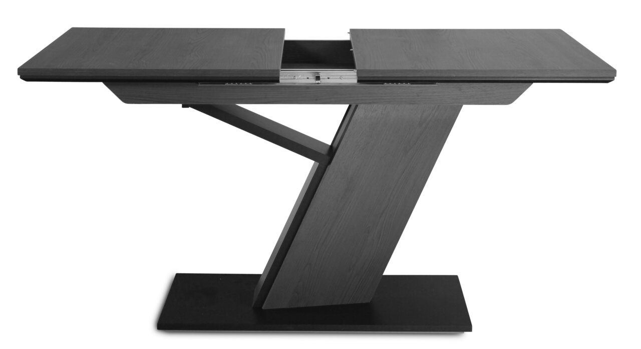 Moderne tafel met een Z-vormig onderstel van donker hout, gezien vanaf de zijkant.