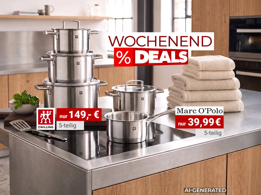 Moderne Küche mit 5-teiligem ZWILLING-Topfset für 149 € sowie 5-teiligen Marc O’Polo-Handtuchsets in Grau und Beige für je 39,99 €.