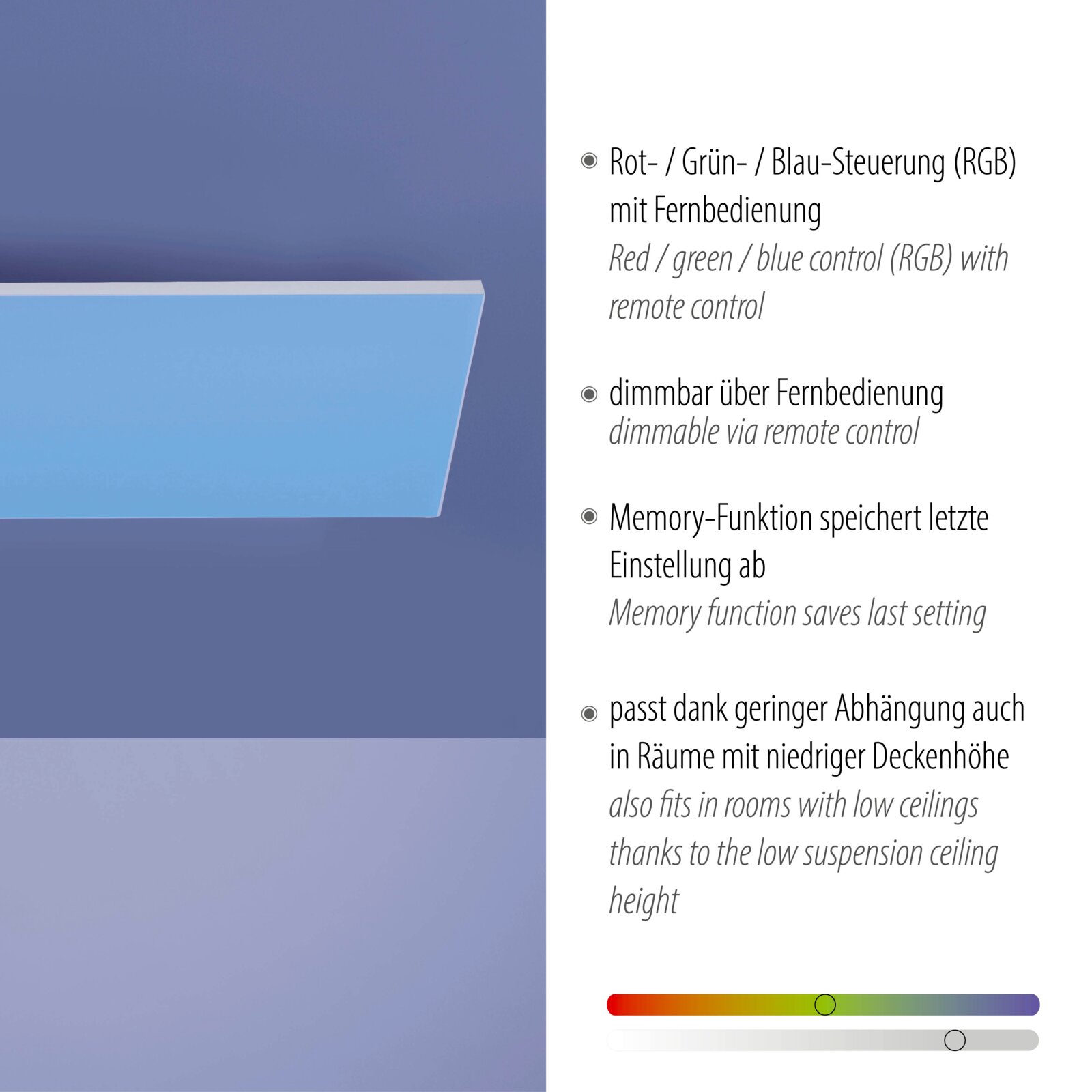 Moderne, flache LED-Deckenleuchte in Blau an der Decke, seitliche Ansicht; daneben Infotext zu RGB-Farbsteuerung, dimmbar per Fernbedienung, Memory-Funktion und geringer Abhängung für niedrige Decken.