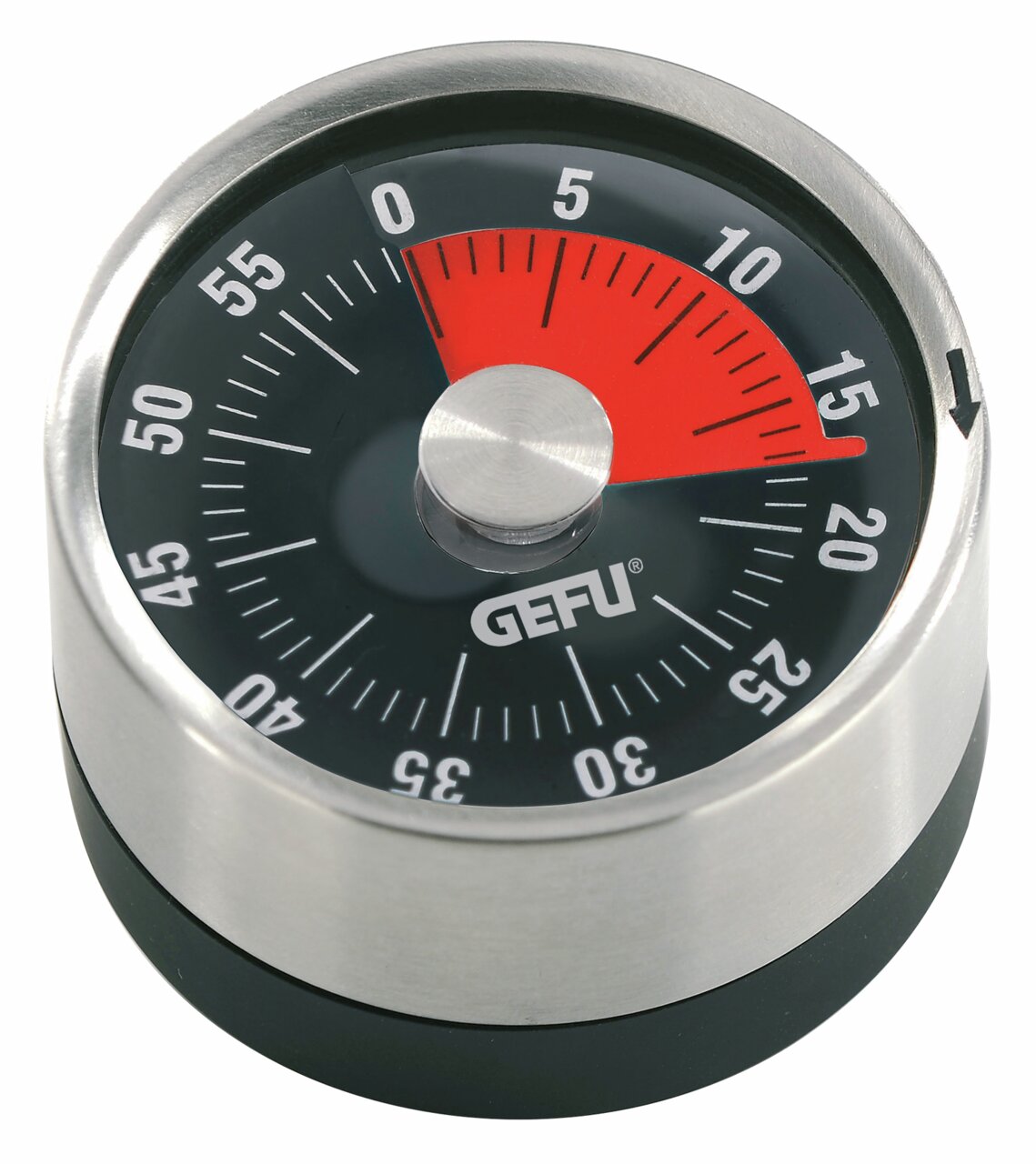 Mechanischer Küchentimer aus Edelstahl mit rotem und schwarzem Ziffernblatt, seitliche Perspektive