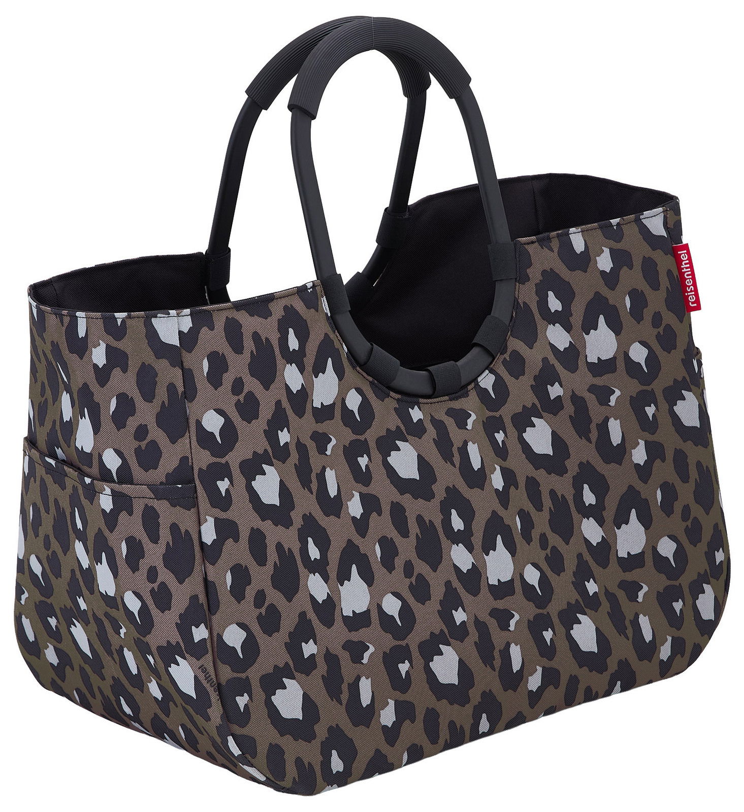 Reisenthel Loppshopper L Leo Chocolate Leopardenmuster Einkaufstasche mit schwarzen Griffen, seitliche Perspektive
