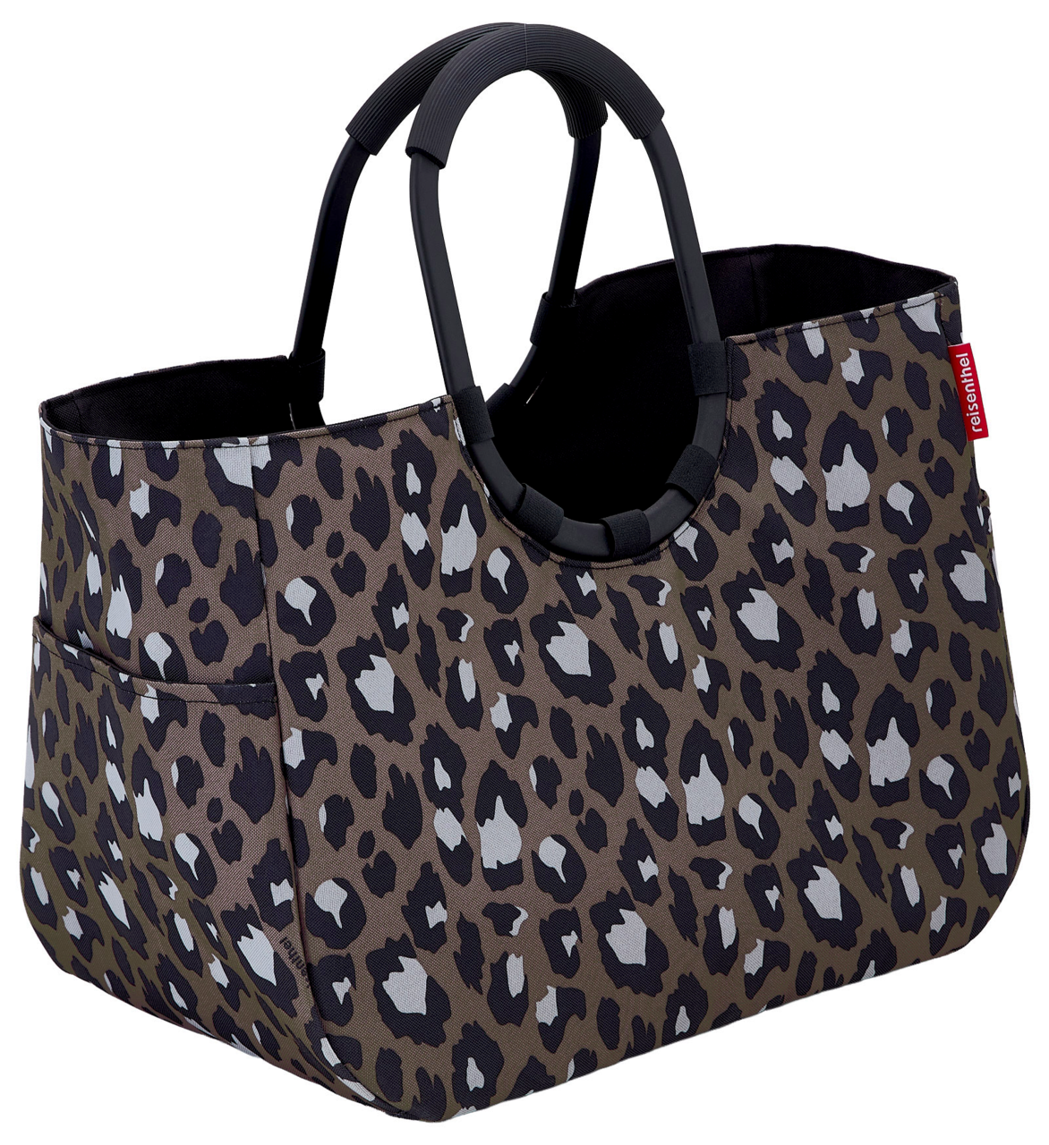 Leopardenmuster Einkaufstasche mit schwarzen Griffen, seitliche Perspektive