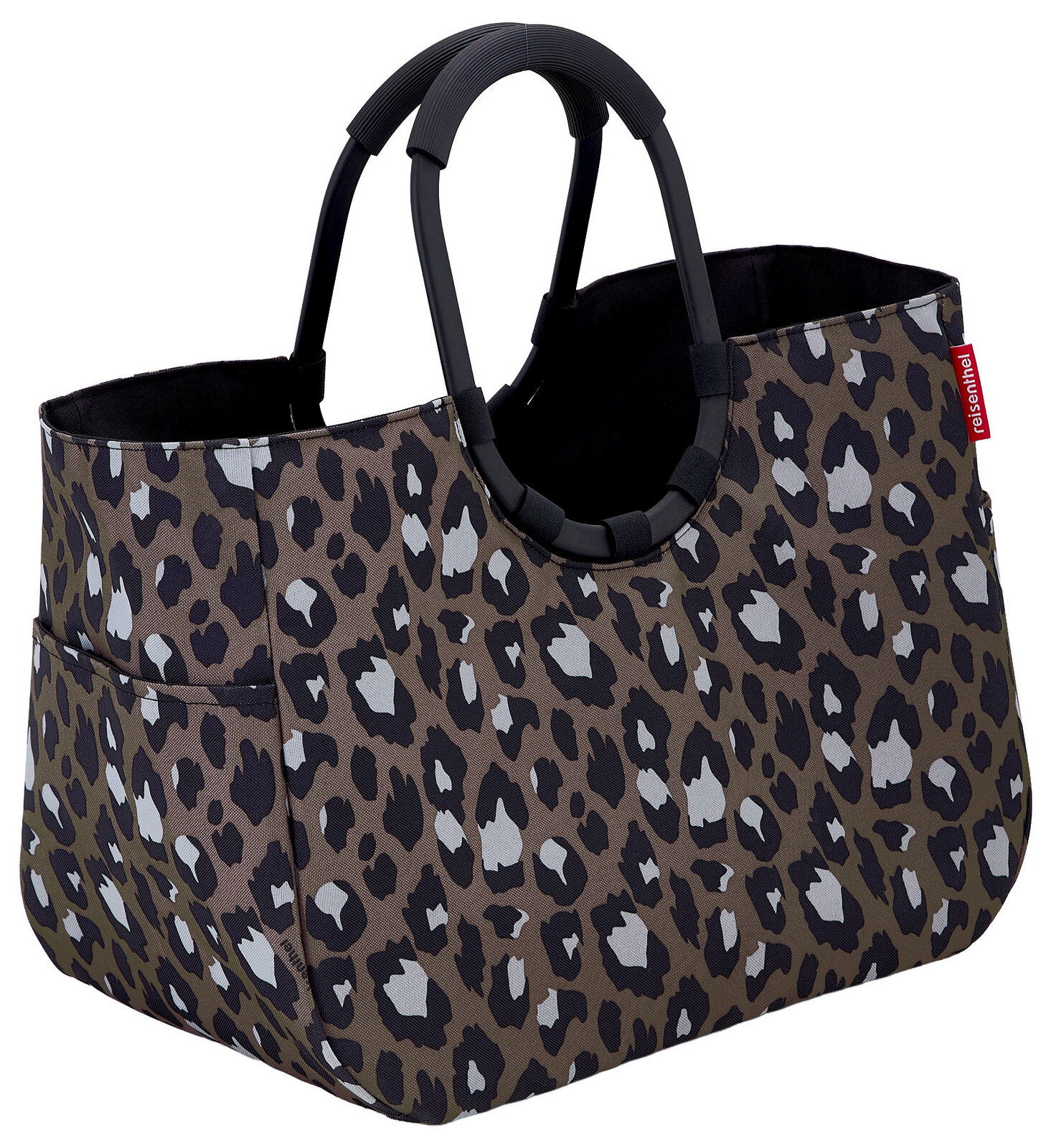 Reisenthel Loppshopper L Leo Chocolate Leopardenmuster Einkaufstasche mit schwarzen Griffen, seitliche Perspektive