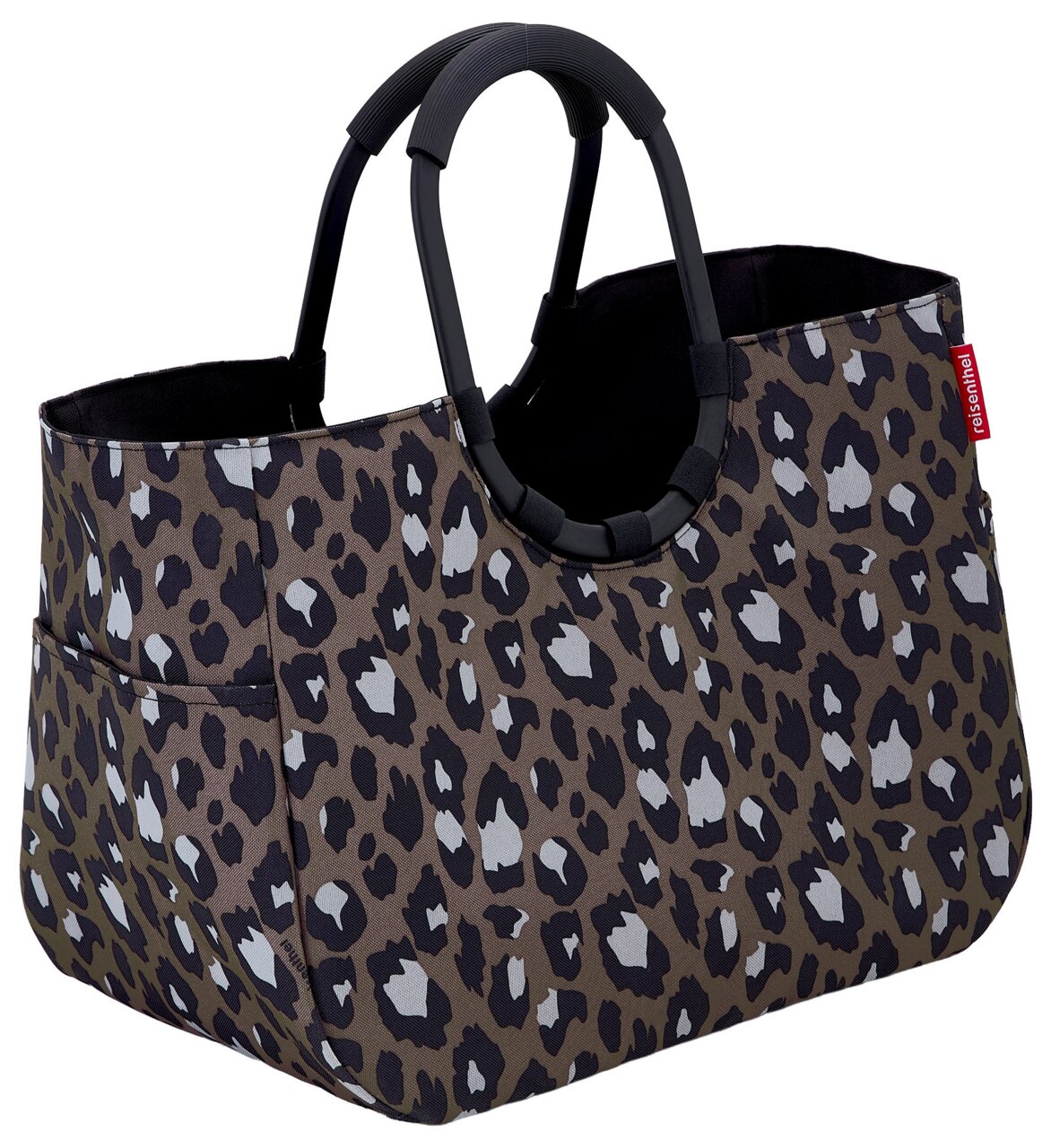 Reisenthel Loppshopper L Leo Chocolate Leopardenmuster Einkaufstasche mit schwarzen Griffen, seitliche Perspektive
