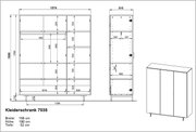 Technische tekening van een drievleugelige kledingkast met de afmetingen: breedte 158 cm, hoogte 190 cm, diepte 52 cm. Vooraanzicht en zijaanzicht.