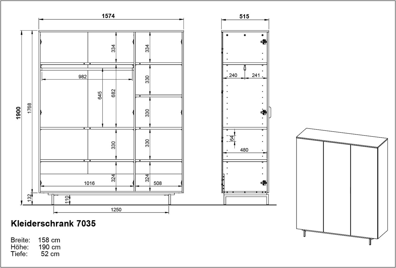 Technische tekening van een drievleugelige kledingkast met de afmetingen: breedte 158 cm, hoogte 190 cm, diepte 52 cm. Vooraanzicht en zijaanzicht.