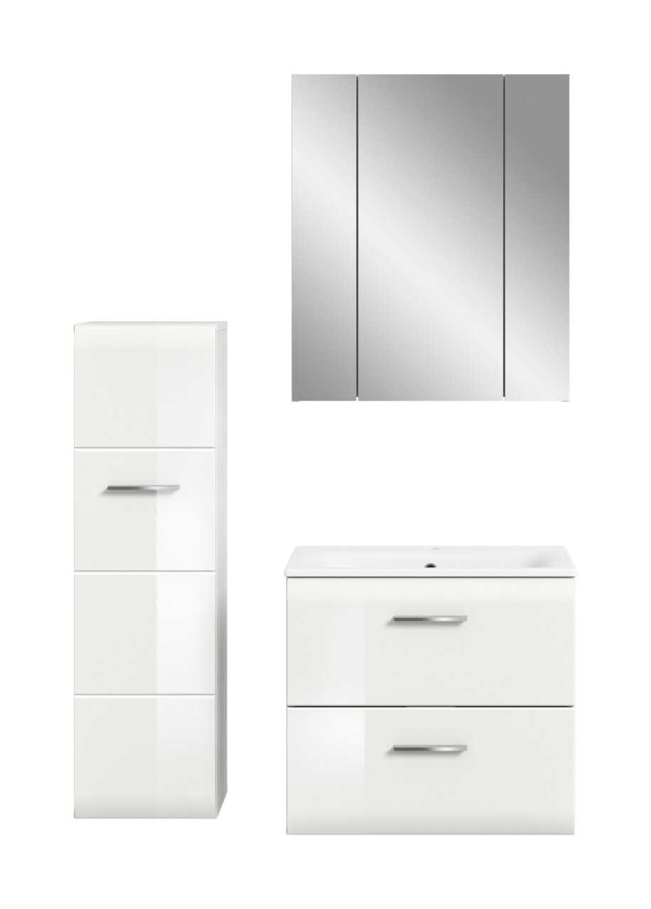 Badmöbel-Set in Weiß Hochglanz mit Spiegelschrank, Hochschrank und Waschtischunterschrank mit Waschbecken, frontale Ansicht