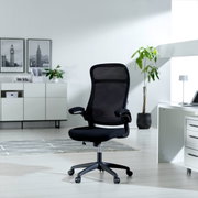 Moderner schwarzer Drehstuhl mit Netzrückenlehne und Armlehnen, seitliche Perspektive in einem hellen Büro mit Pflanzen und Dekoration.