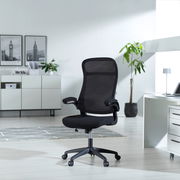 Moderner schwarzer Drehstuhl mit Netzrückenlehne und Armlehnen, seitliche Perspektive in einem hellen Büro mit Pflanzen und Dekoration.