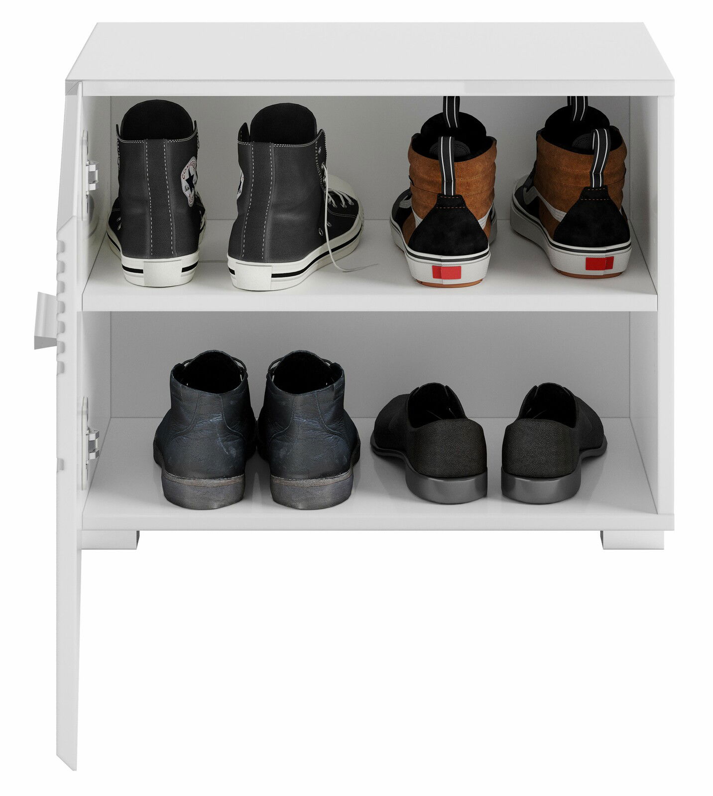 Weiße Schuhbank mit zwei Regalböden, gefüllt mit verschiedenen Schuhen, von vorne betrachtet.