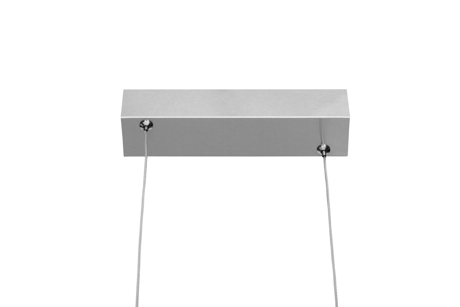 Silberne rechteckige Deckenhalterung einer LED-Hängeleuchte, von unten betrachtet, mit zwei abgehenden Kabeln.