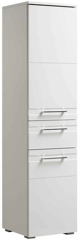 Weißer Midischrank mit mehreren Schubladen, seitliche Perspektive