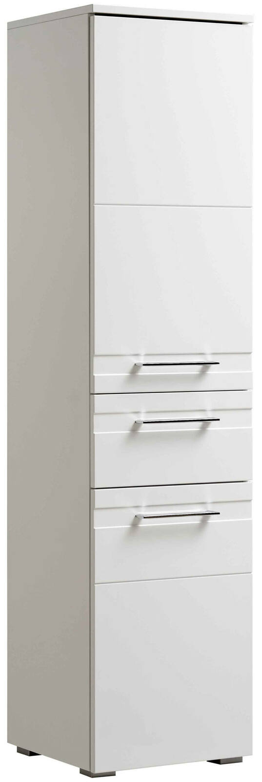 Weißer Midischrank mit mehreren Schubladen, seitliche Perspektive