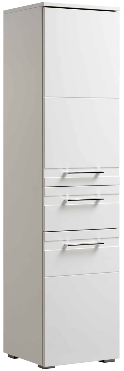 Weißer Midischrank mit mehreren Schubladen, seitliche Perspektive