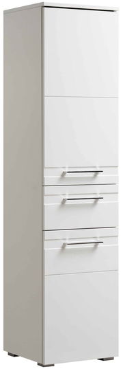 Weißer Midischrank mit mehreren Schubladen, seitliche Perspektive