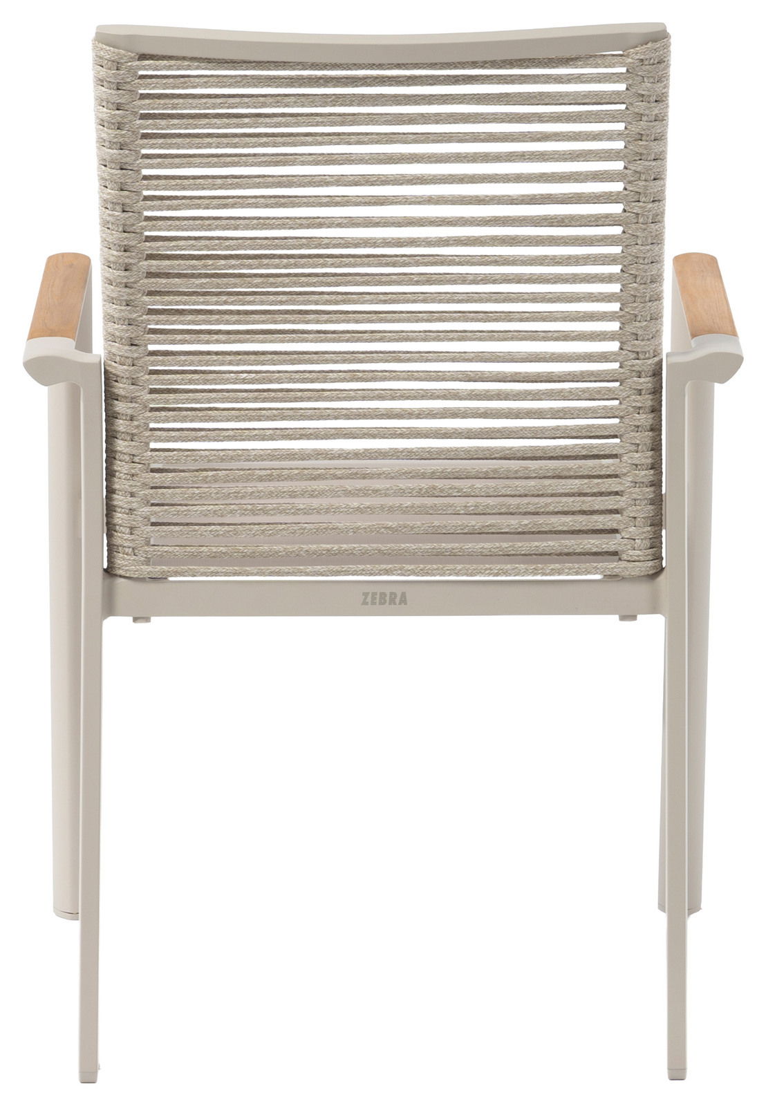 Rückansicht eines modernen Stapelsessels mit Seilgeflecht und Armlehnen aus Holz.