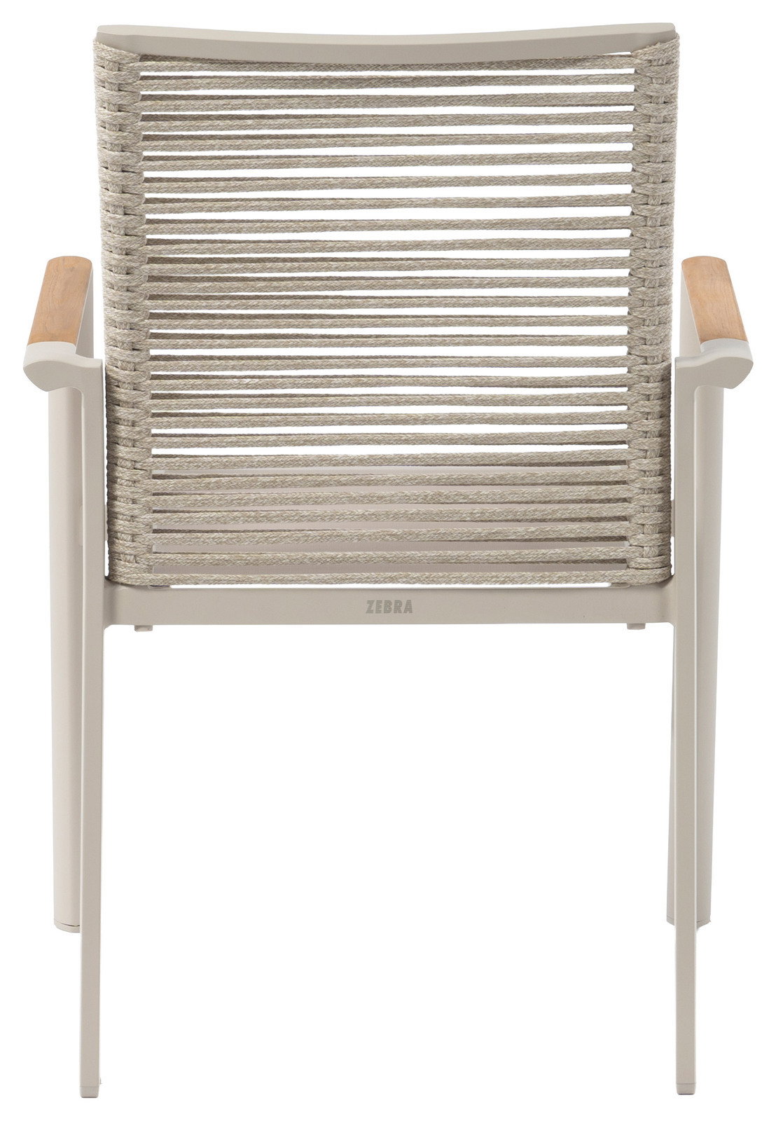 Rückansicht eines modernen Stapelsessels mit Seilgeflecht und Armlehnen aus Holz.