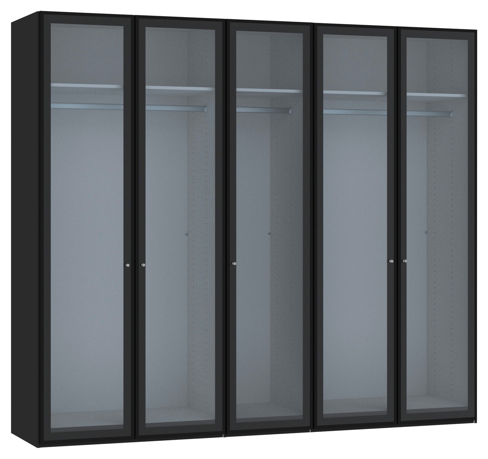 Schwarzer Drehtürenschrank mit fünf Glastüren, frontal betrachtet