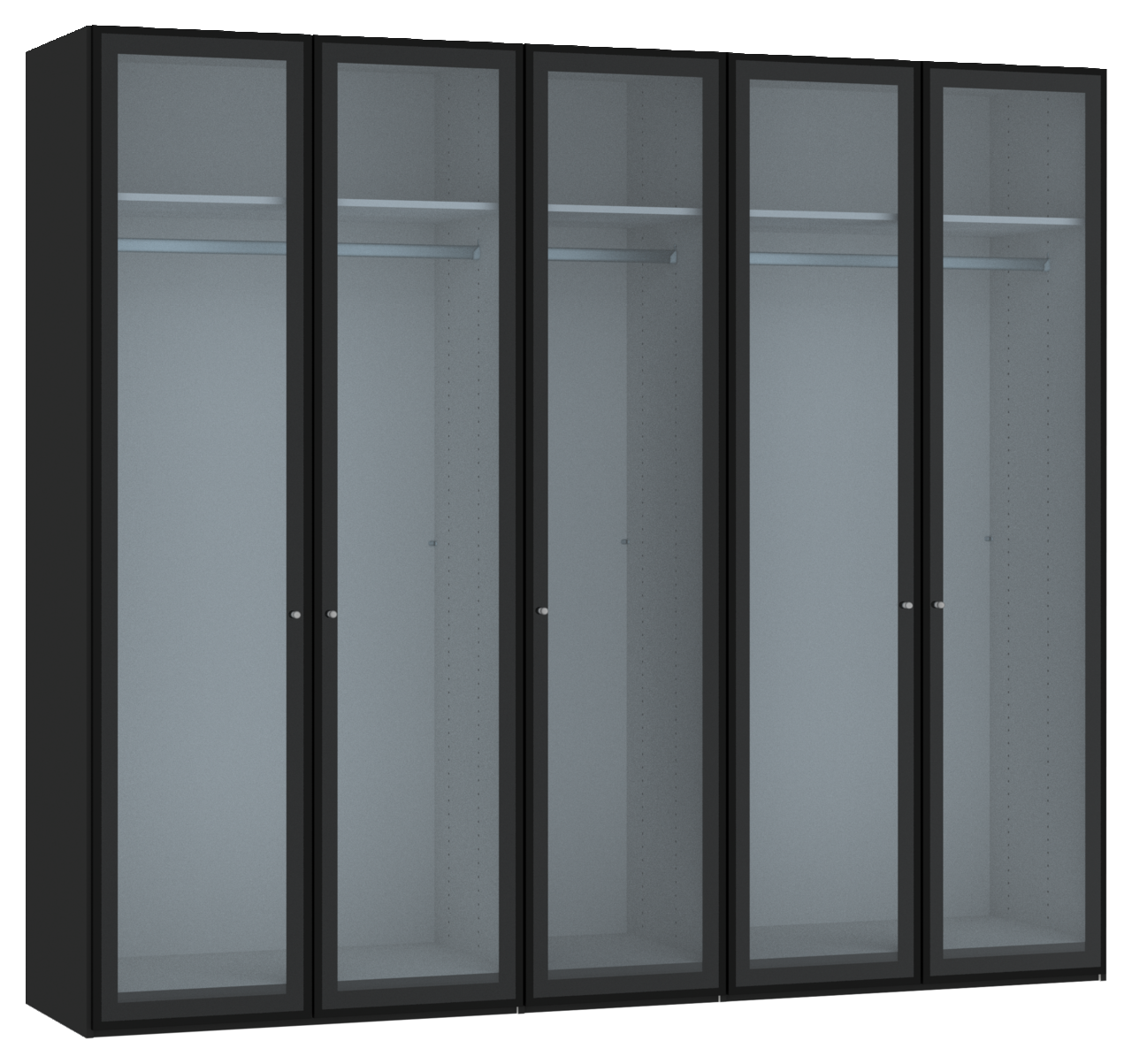 Schwarzer Drehtürenschrank mit fünf Glastüren, frontal betrachtet