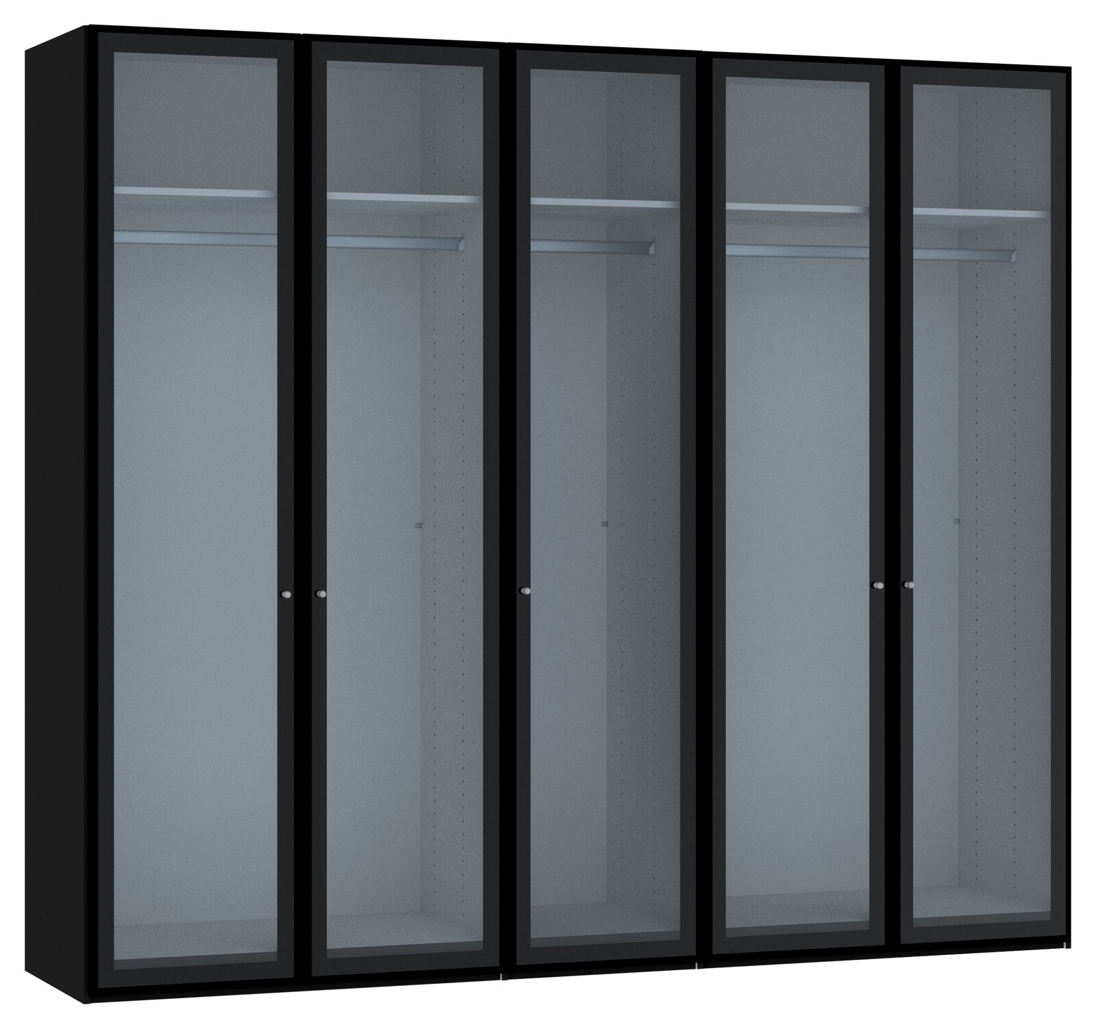 Schwarzer Drehtürenschrank mit fünf Glastüren, frontal betrachtet