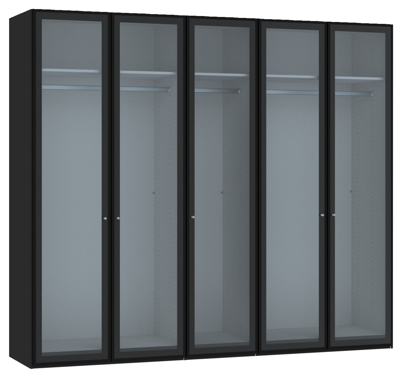 Schwarzer Drehtürenschrank mit fünf Glastüren, frontal betrachtet